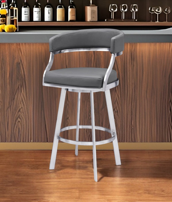 HomeRoots 26" Gray Faux Leather Swivel Bar Chair with Silver Iron Frame - Modern Comfort for Your Space 477144