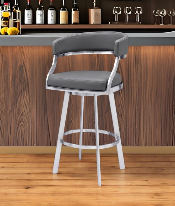 HomeRoots 26" Gray Faux Leather Swivel Bar Chair with Silver Iron Frame - Modern Comfort for Your Space 477144