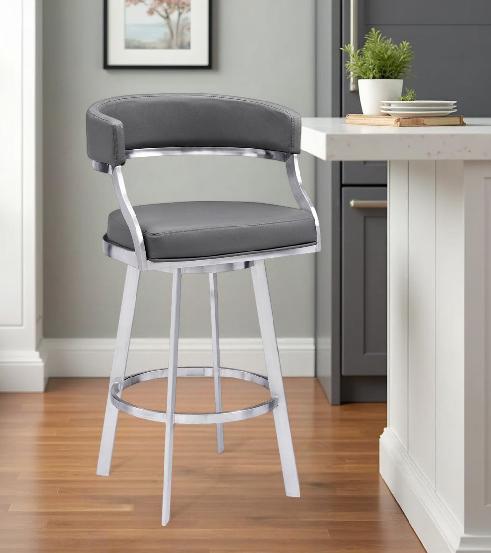 Homeroots 26" Gray And Silver Faux Leather And Iron Low Back Counter Height Swivel Bar Chair   477144