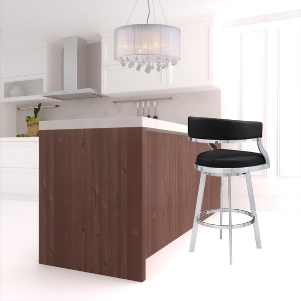 Homeroots 30" Black And Silver Faux Leather And Iron Swivel Low Back Bar Height Bar Chair   477145