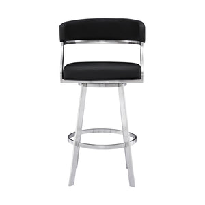 Homeroots 30" Black And Silver Faux Leather And Iron Swivel Low Back Bar Height Bar Chair   477145