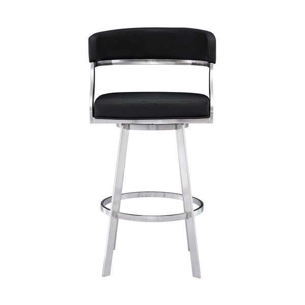 Homeroots 30" Black And Silver Faux Leather And Iron Swivel Low Back Bar Height Bar Chair   477145