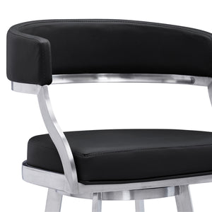 Homeroots 30" Black And Silver Faux Leather And Iron Swivel Low Back Bar Height Bar Chair   477145