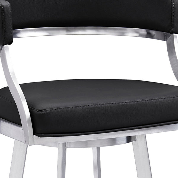 Homeroots 30" Black And Silver Faux Leather And Iron Swivel Low Back Bar Height Bar Chair   477145