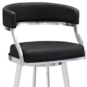 Homeroots 30" Black And Silver Faux Leather And Iron Swivel Low Back Bar Height Bar Chair   477145