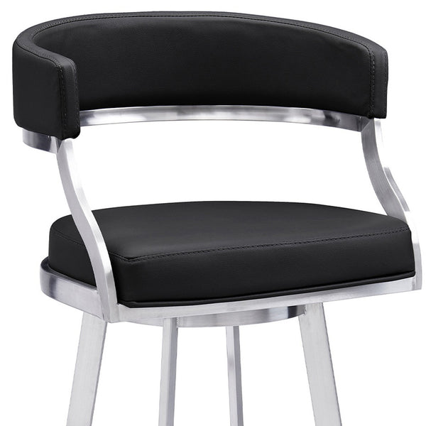 Homeroots 30" Black And Silver Faux Leather And Iron Swivel Low Back Bar Height Bar Chair   477145