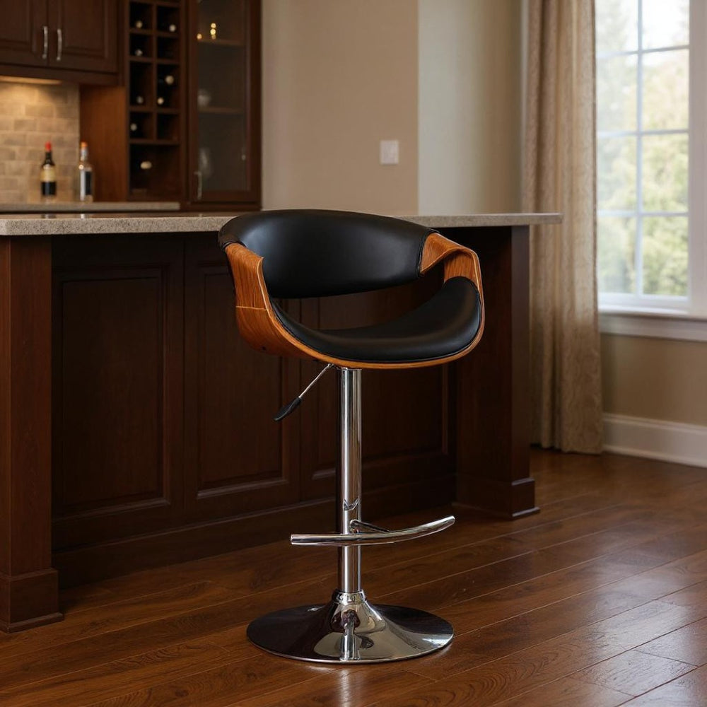 HomeRoots 24" Black and Silver Adjustable Swivel Bar Chair – Modern Comfort with Walnut Arms for Any Space 477147