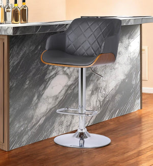 HomeRoots Gray Faux Leather Adjustable Swivel Bar Chair with Iron Frame, Armrests & Footrest for Modern Spaces 477149