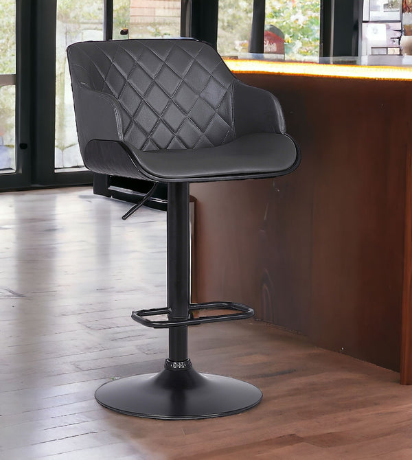 Homeroots 25" Gray And Black Faux Leather And Iron Swivel Low Back Adjustable Height Bar Chair   477151