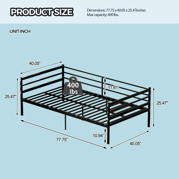 English Elm Children's Metal Loft Bed with Wraparound Guardrail Sofa Frame Matte Black Finish W3752P464553