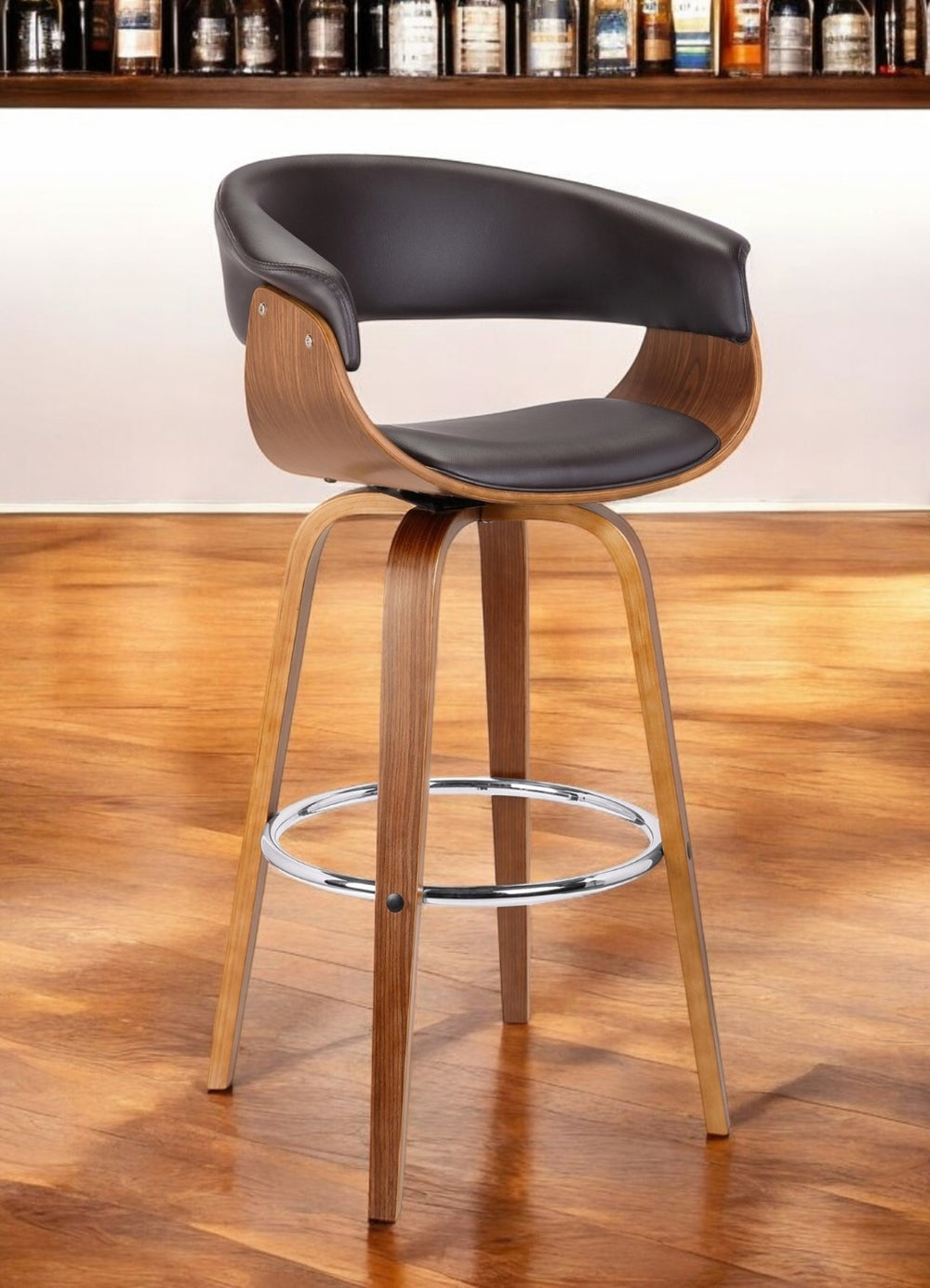 HomeRoots 27" Brown Faux Leather Swivel Counter Height Bar Chair with Iron Base for Modern Dining Comfort 477171