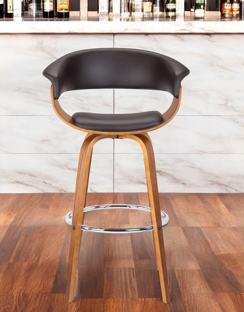 Homeroots 31" Brown Faux Leather And Solid Wood Swivel Low Back Bar Height Bar Chair   477172