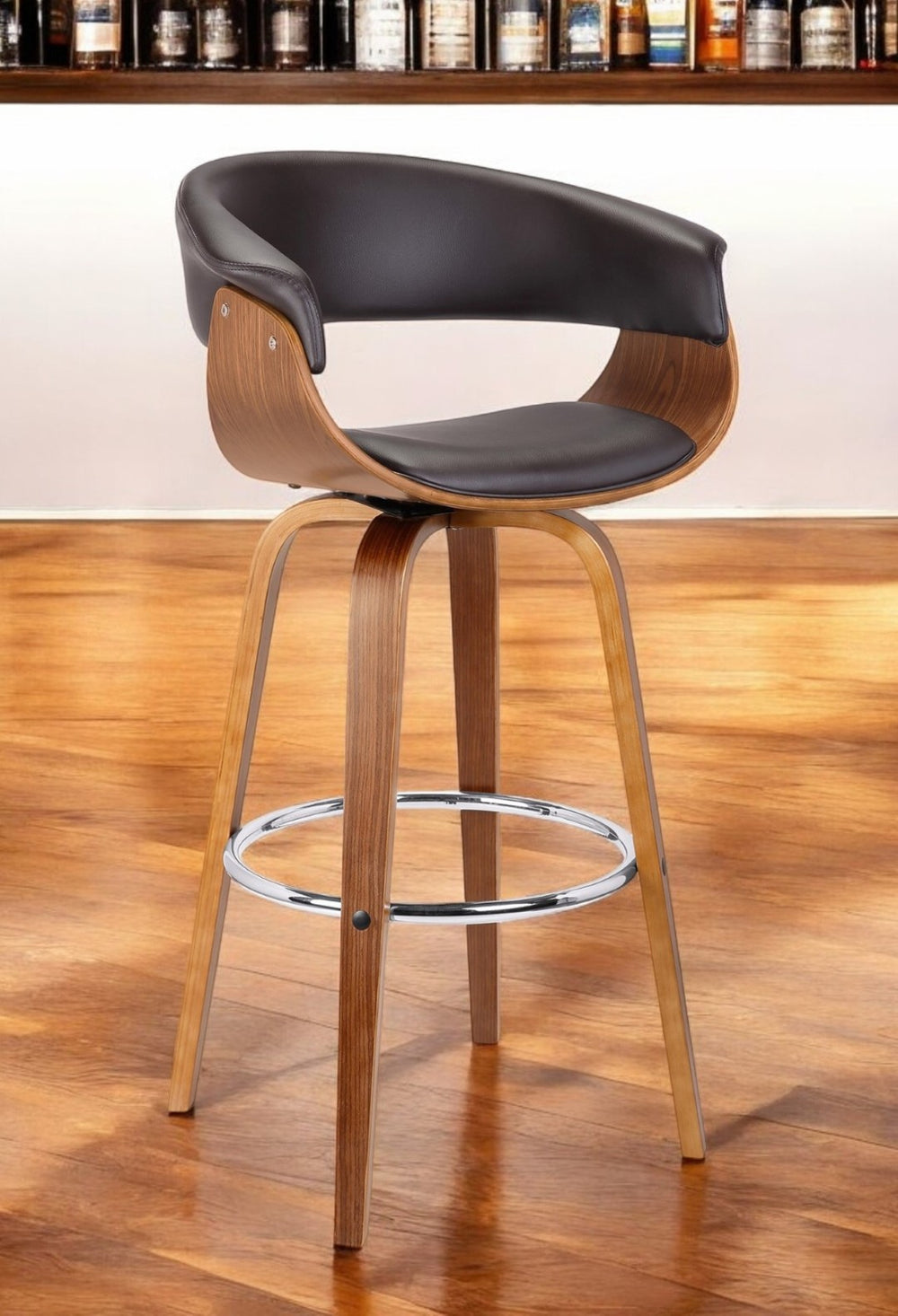 HomeRoots 31" Stylish Brown Faux Leather Swivel Bar Chair with Solid Wood Base - Perfect for Home Bars! 477172