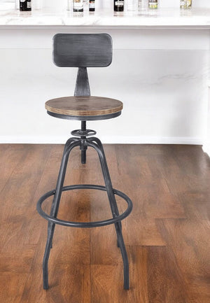 Homeroots 28" Brown And Black Solid Wood Iron Adjustable Height Bar Chair   477178