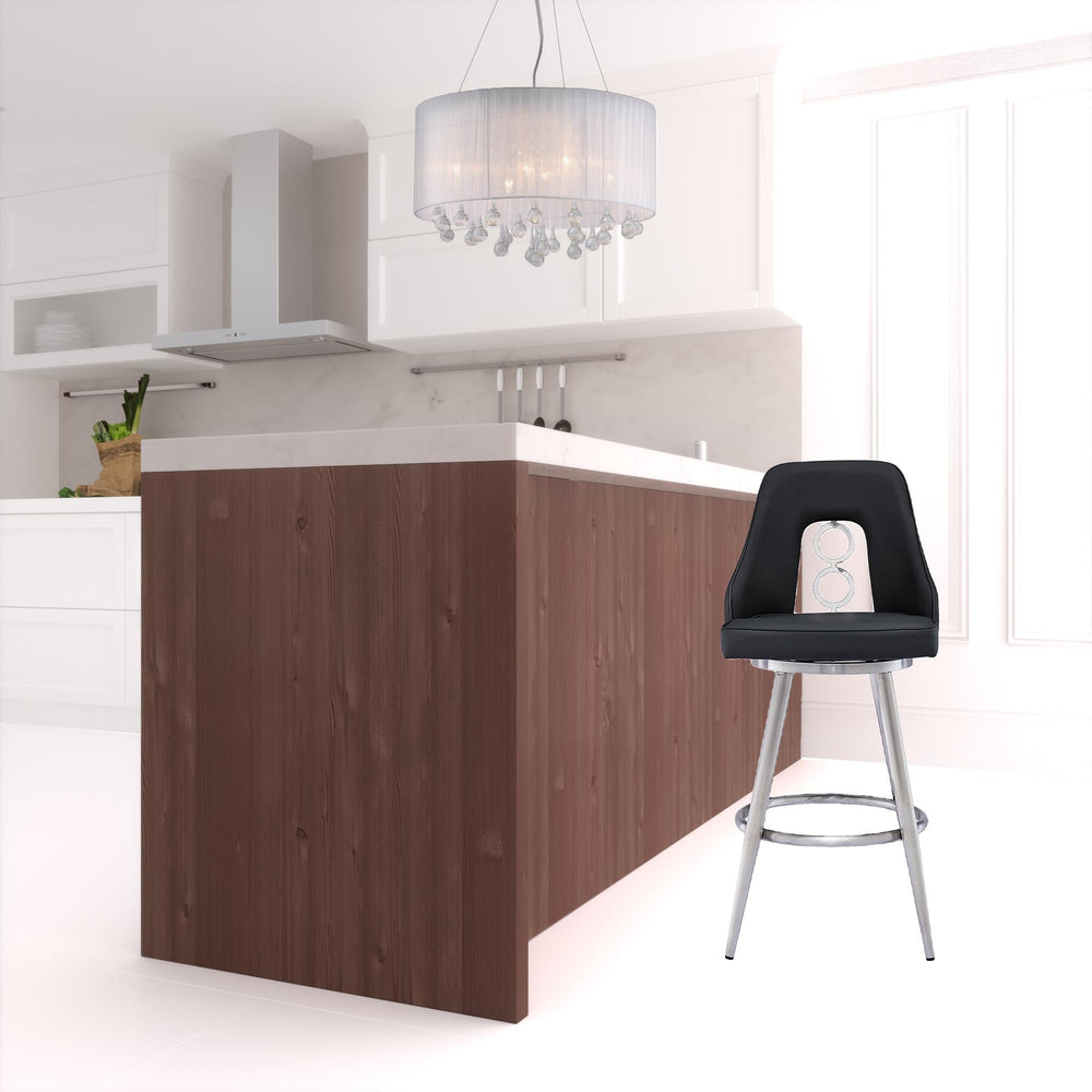 Homeroots 26" Black And Silver Faux Leather And Iron Swivel Counter Height Bar Chair   477180