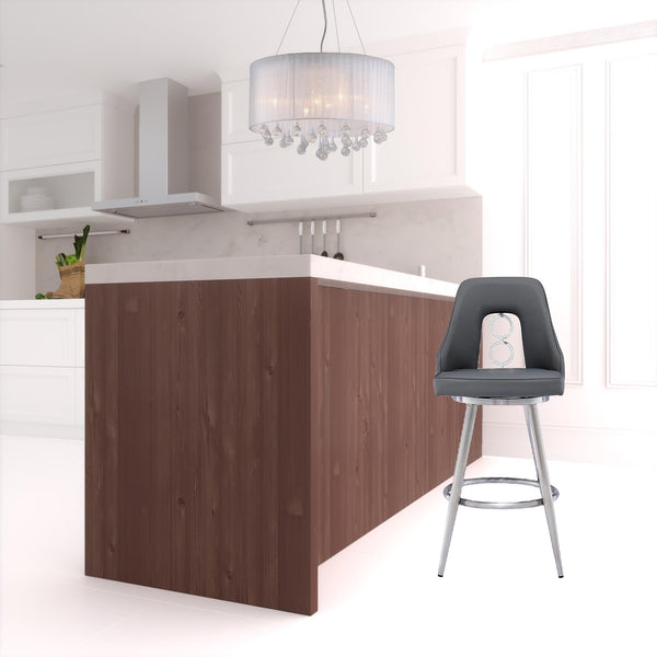 Homeroots 26" Gray And Silver Faux Leather And Iron Swivel Counter Height Bar Chair   477181