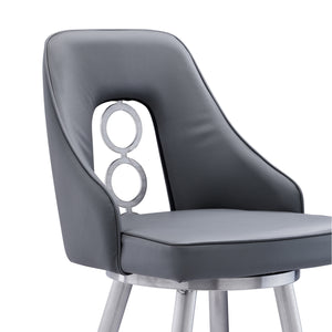 Homeroots 26" Gray And Silver Faux Leather And Iron Swivel Counter Height Bar Chair   477181