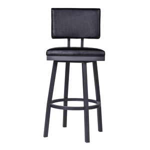 HomeRoots 26" Black Iron Swivel Bar Chair - Vintage Faux Leather Comfort for Modern & Industrial Spaces 477188