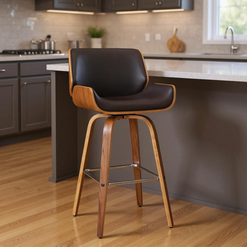 HomeRoots 26" Brown Swivel Low Back Counter Height Bar Chair - Mid-Century Design, Faux Leather, Durable Metal Base 477190