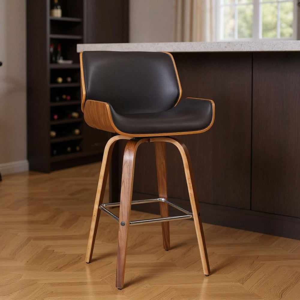 HomeRoots 30" Elegant Brown Faux Leather Swivel Bar Stool with Walnut Frame & Chrome Footrest - Modern Comfort 477191