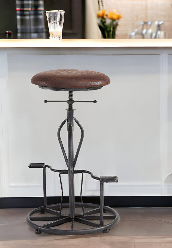 Homeroots 26" Brown And Gray Upholstered Iron Swivel Backless Adjustable Height Bar Chair   477198