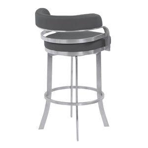Homeroots 26" Gray And Silver Faux Leather And Iron Swivel Low Back Counter Height Bar Chair   477208
