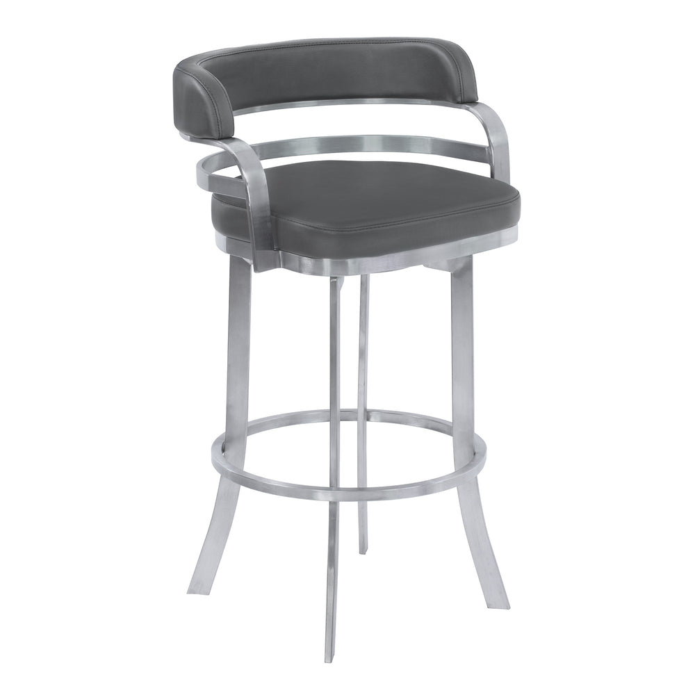 Homeroots 26" Gray And Silver Faux Leather And Iron Swivel Low Back Counter Height Bar Chair   477208