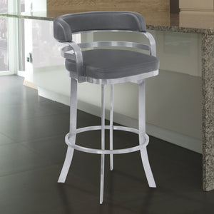 Homeroots 26" Gray And Silver Faux Leather And Iron Swivel Low Back Counter Height Bar Chair   477208