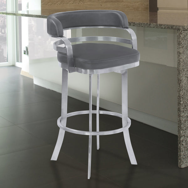 Homeroots 26" Gray And Silver Faux Leather And Iron Swivel Low Back Counter Height Bar Chair   477208