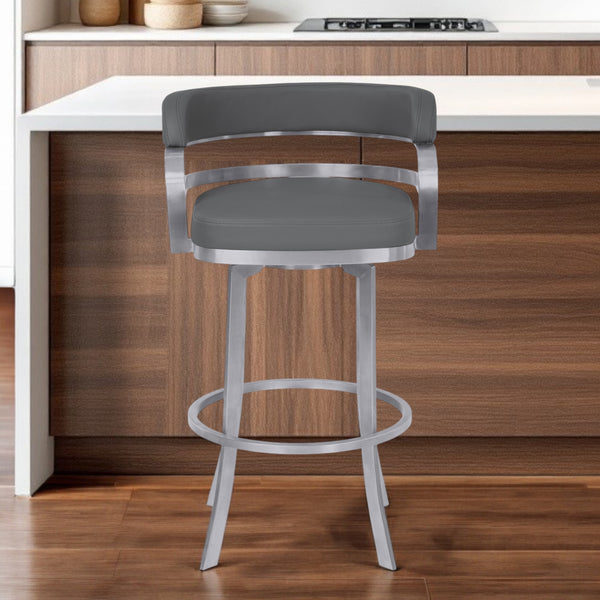 Homeroots 26" Gray And Silver Faux Leather And Iron Swivel Low Back Counter Height Bar Chair   477208