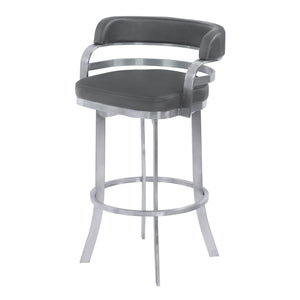 Homeroots 26" Gray And Silver Faux Leather And Iron Swivel Low Back Counter Height Bar Chair   477208