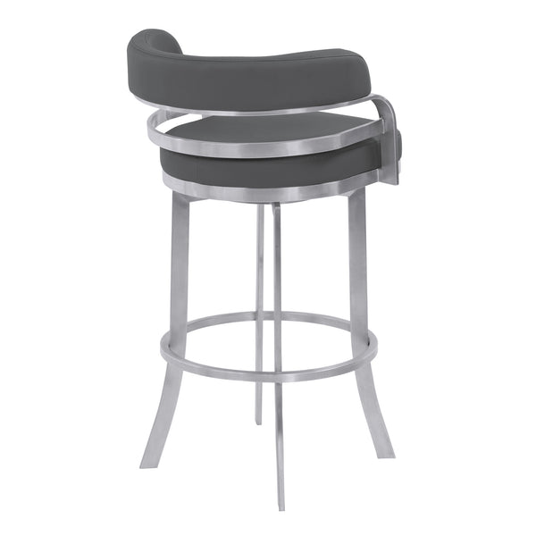 Homeroots 30" Gray And Silver Faux Leather And Iron Swivel Low Back Bar Height Bar Chair   477209