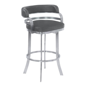 Homeroots 30" Gray And Silver Faux Leather And Iron Swivel Low Back Bar Height Bar Chair   477209