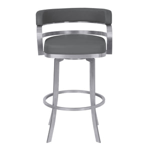 Homeroots 30" Gray And Silver Faux Leather And Iron Swivel Low Back Bar Height Bar Chair   477209