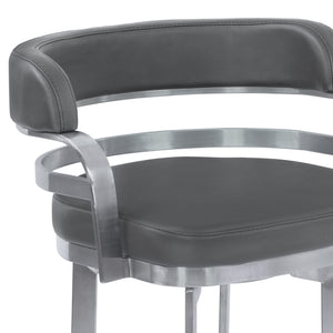 Homeroots 30" Gray And Silver Faux Leather And Iron Swivel Low Back Bar Height Bar Chair   477209