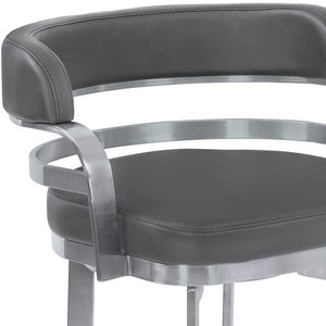 Homeroots 30" Gray And Silver Faux Leather And Iron Swivel Low Back Bar Height Bar Chair   477209