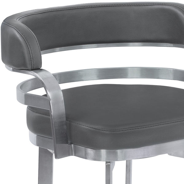 Homeroots 30" Gray And Silver Faux Leather And Iron Swivel Low Back Bar Height Bar Chair   477209