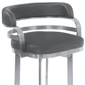 Homeroots 30" Gray And Silver Faux Leather And Iron Swivel Low Back Bar Height Bar Chair   477209