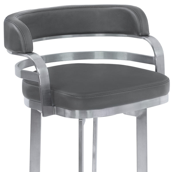 Homeroots 30" Gray And Silver Faux Leather And Iron Swivel Low Back Bar Height Bar Chair   477209
