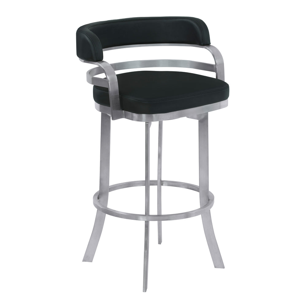 Homeroots 26" Black And Silver Faux Leather And Iron Swivel Low Back Counter Height Bar Chair   477210