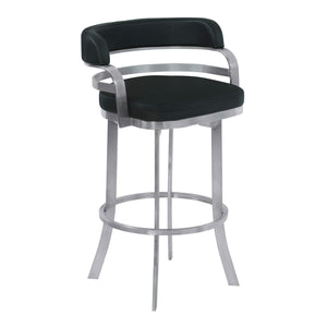 Homeroots 26" Black And Silver Faux Leather And Iron Swivel Low Back Counter Height Bar Chair   477210