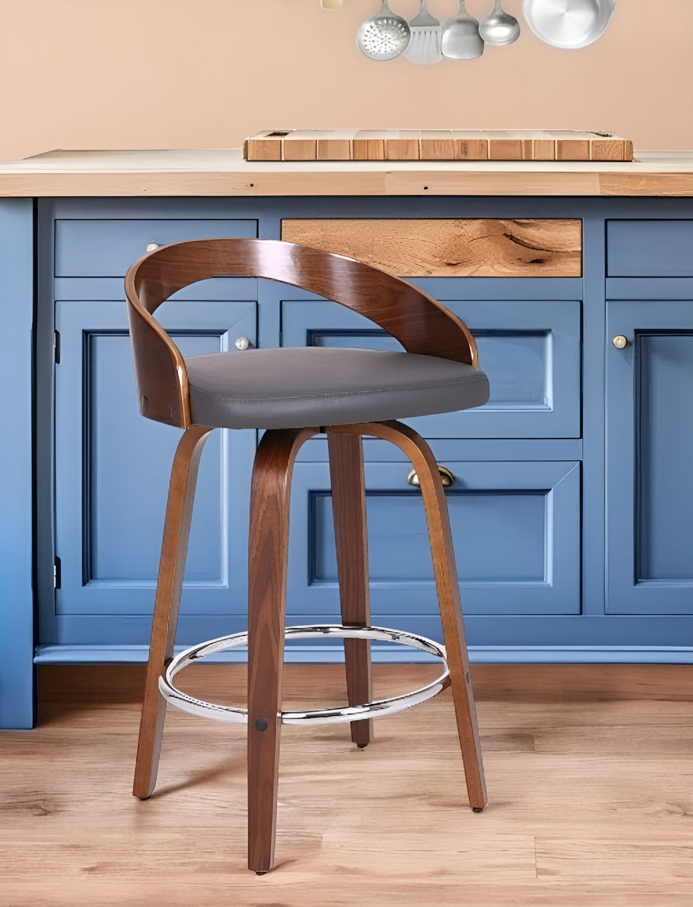 Homeroots 26" Gray And Brown Faux Leather And Iron Low Back Counter Height Swivel Bar Chair   477213