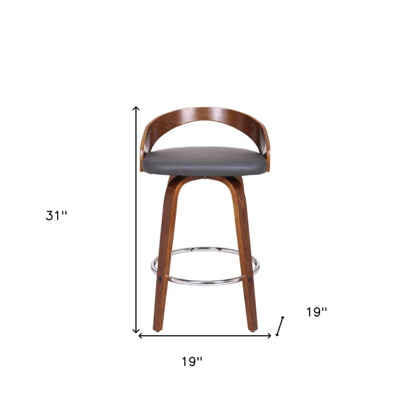 HomeRoots 26" Stylish Gray Faux Leather Swivel Bar Chair with Walnut Brown Iron Base for Modern Interiors 477213