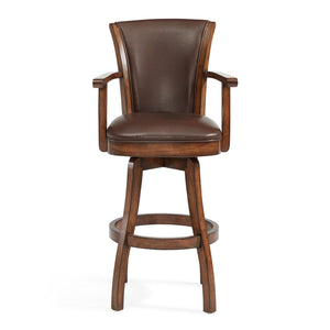 Homeroots 30" Brown And Chestnut Faux Leather And Solid Wood Swivel Bar Height Bar Chair   477215