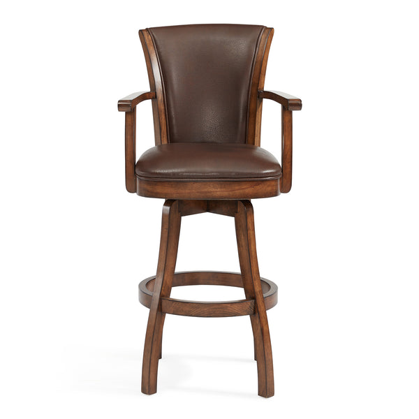 Homeroots 30" Brown And Chestnut Faux Leather And Solid Wood Swivel Bar Height Bar Chair   477215