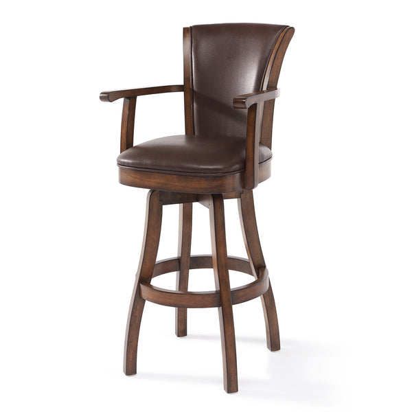 Homeroots 30" Brown And Chestnut Faux Leather And Solid Wood Swivel Bar Height Bar Chair   477215