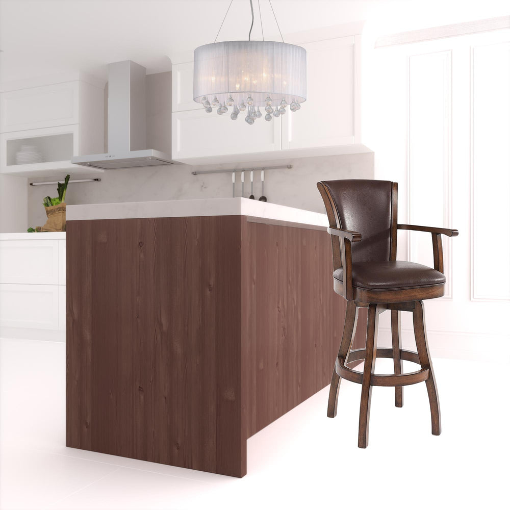 Homeroots 30" Brown And Chestnut Faux Leather And Solid Wood Swivel Bar Height Bar Chair   477215