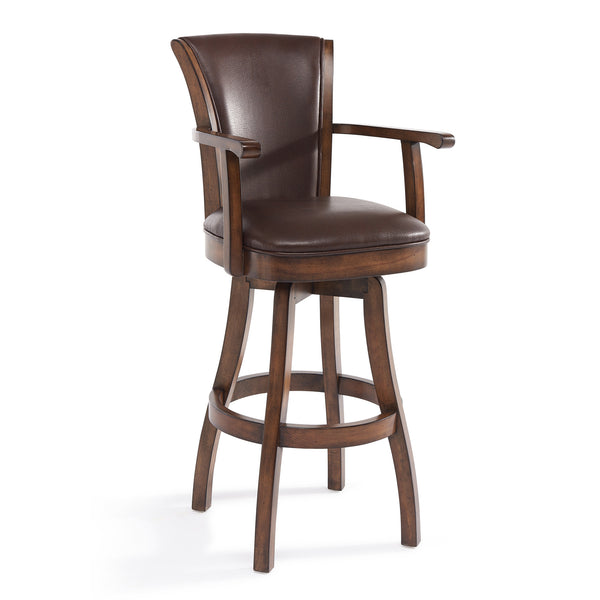 Homeroots 30" Brown And Chestnut Faux Leather And Solid Wood Swivel Bar Height Bar Chair   477215