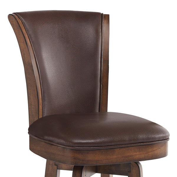 Homeroots 26" Brown And Chestnut Faux Leather And Solid Wood Swivel Counter Height Bar Chair   477216