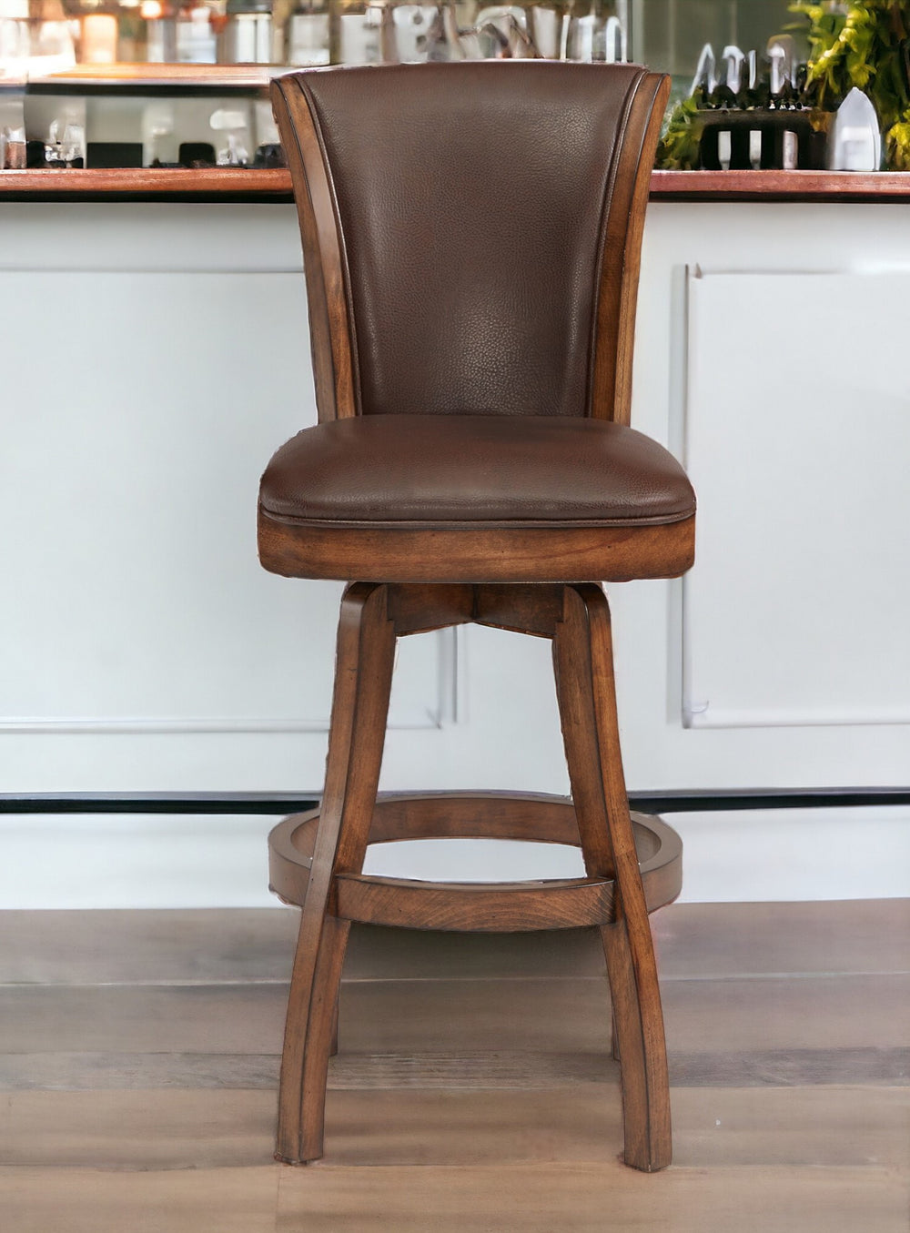 Homeroots 26" Brown And Chestnut Faux Leather And Solid Wood Swivel Counter Height Bar Chair   477216